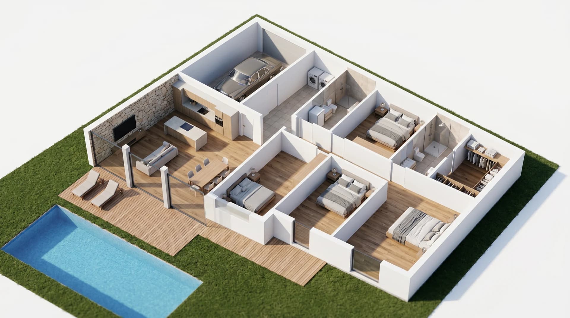 Vista 3D del modelo Marea: 3 dormitorios, salón, cocina con isla, garaje, lavandería, porche y piscina