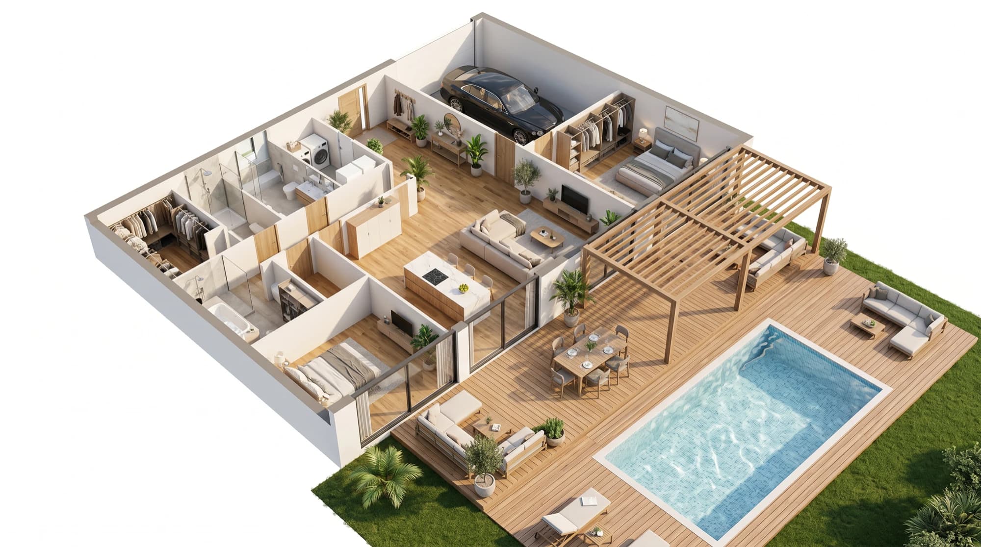 Vista 3D fotorrealista tipo casa de muñecas de la villa Marea, coincidente con el plano