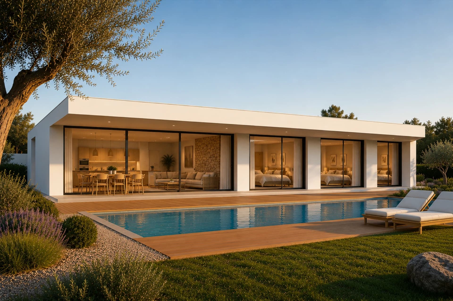 Fotografía de la casa Marea — villa de una sola planta con porche volado y piscina