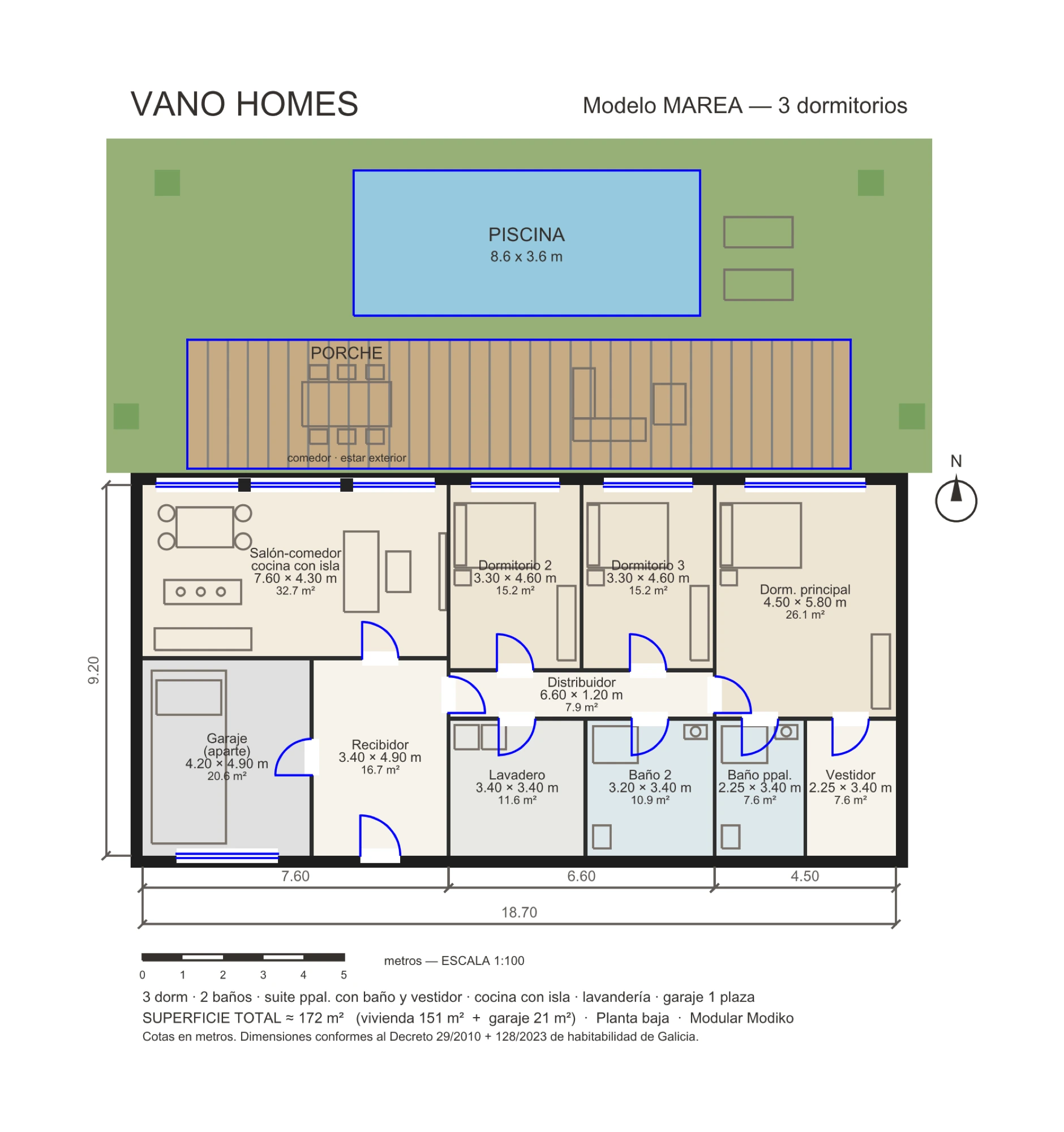 Plano de planta 2D acotado del modelo Marea a escala 1:100