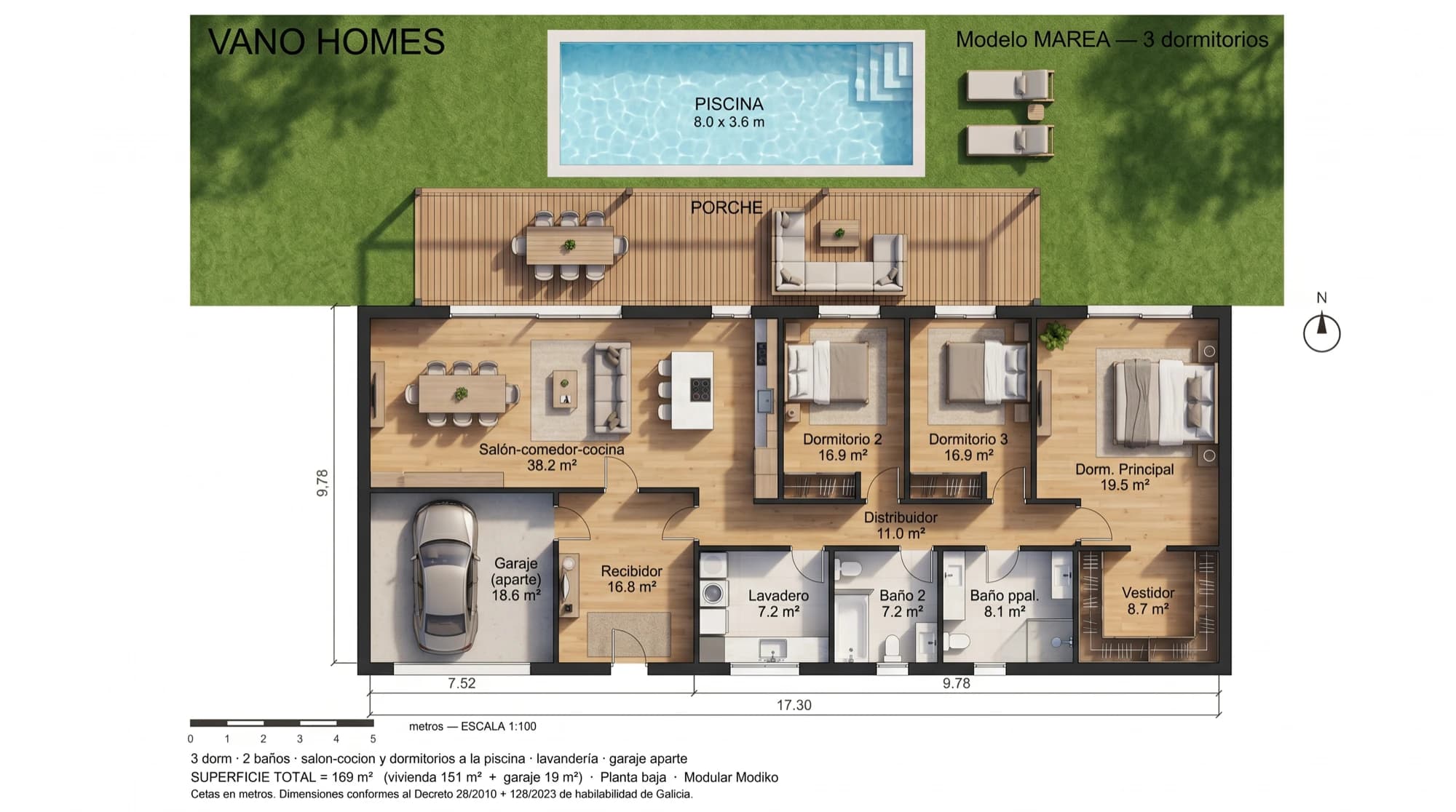 Plano de planta acotado de la villa Marea, con medidas por estancia y superficie total