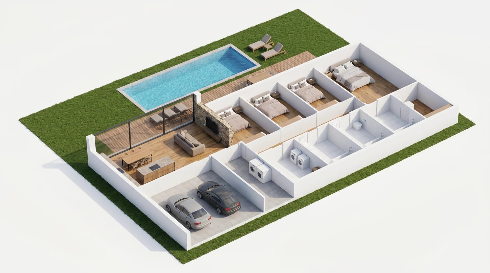 Vista 3D del modelo Sierra: 4 dormitorios, salón, cocina con isla, garaje, lavandería, porche y piscina