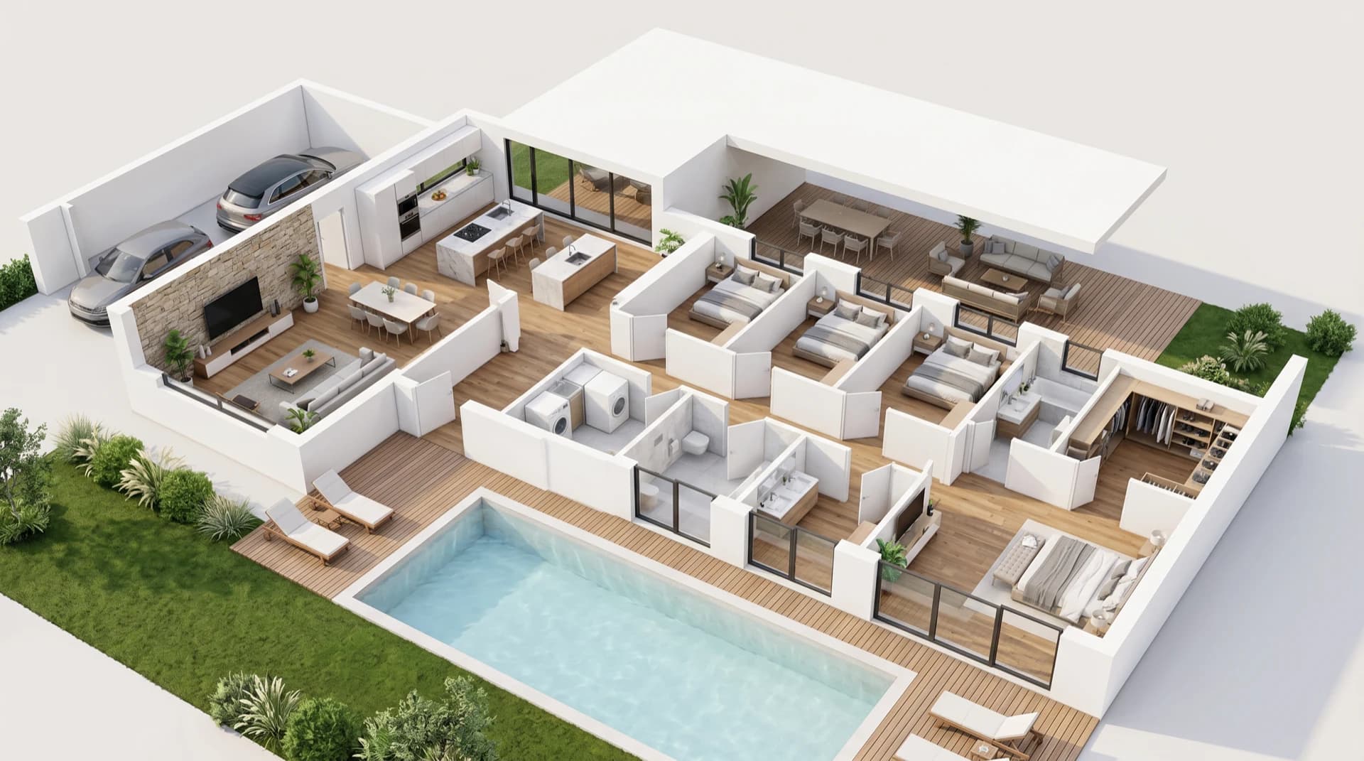 Vista 3D fotorrealista tipo casa de muñecas de la villa Sierra, coincidente con el plano