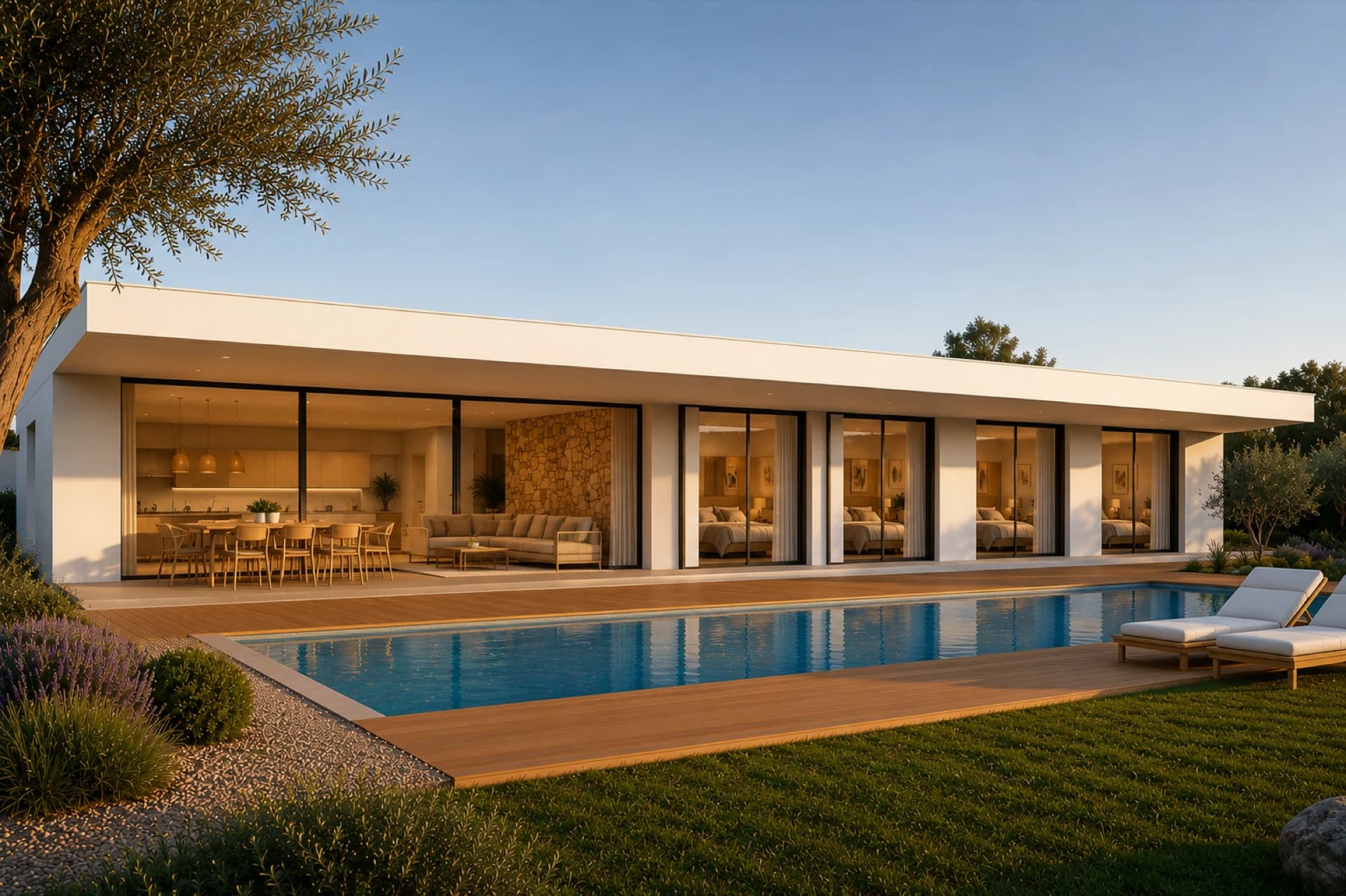 Fotografía de la casa Sierra — villa de una sola planta con porche volado y piscina
