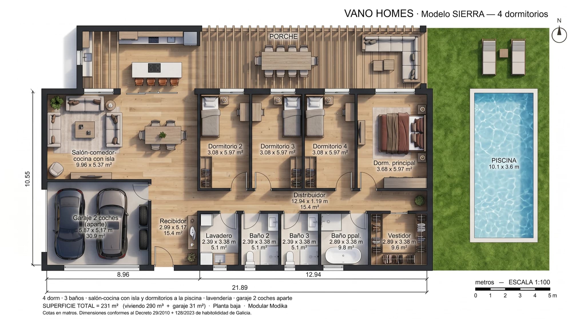 Plano de planta acotado de la villa Sierra, con medidas por estancia y superficie total