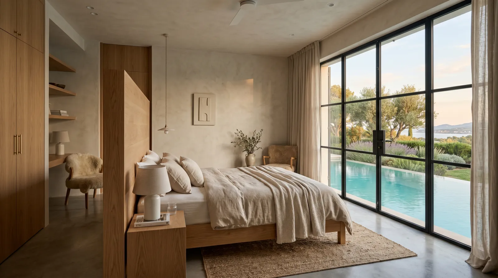 Dormitorio principal con gran ventanal a la piscina y el jardín