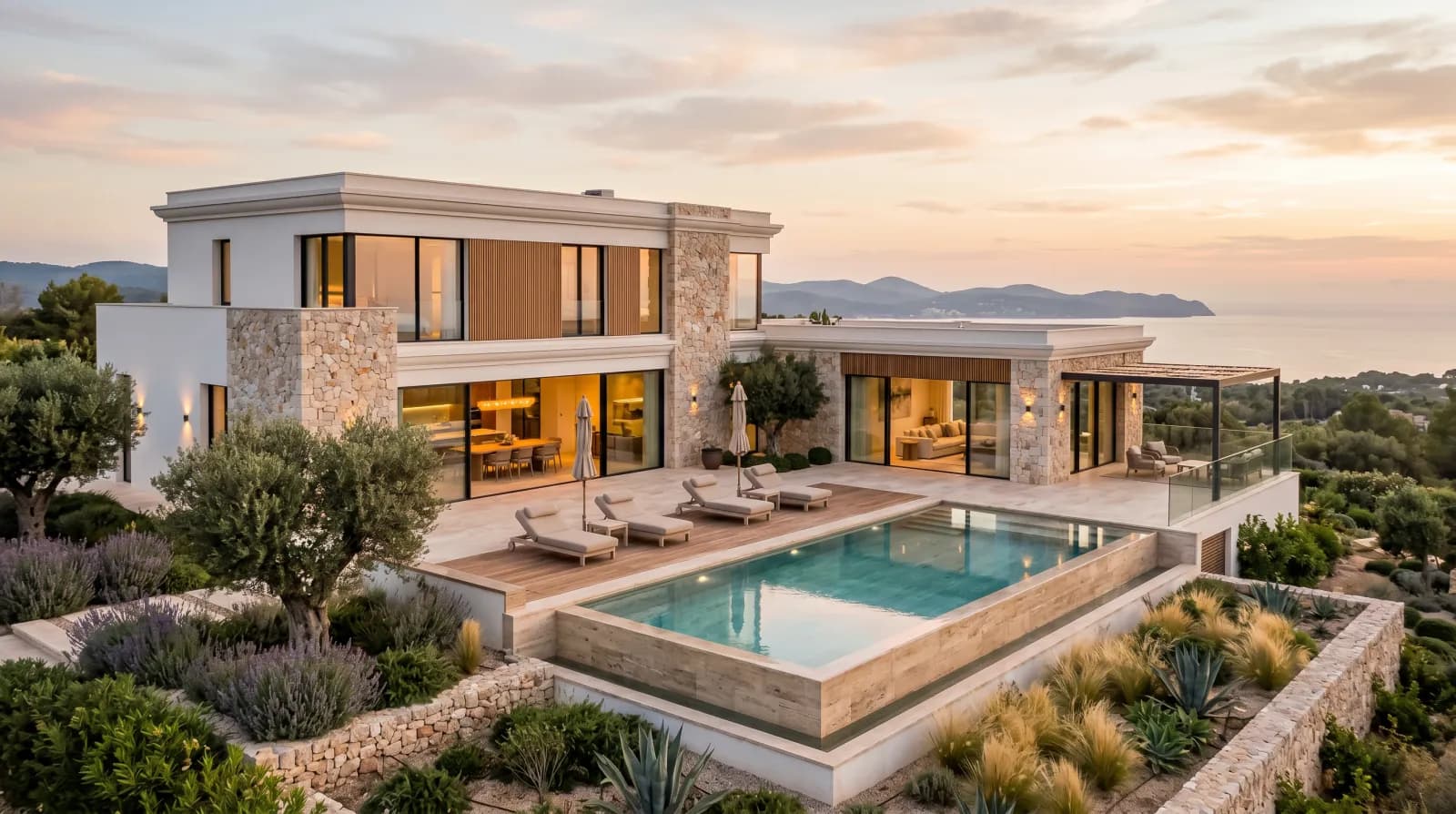 Villa modular Vano Homes de dos plantas en L con piscina, en Mera (Oleiros), sistema Modiko
