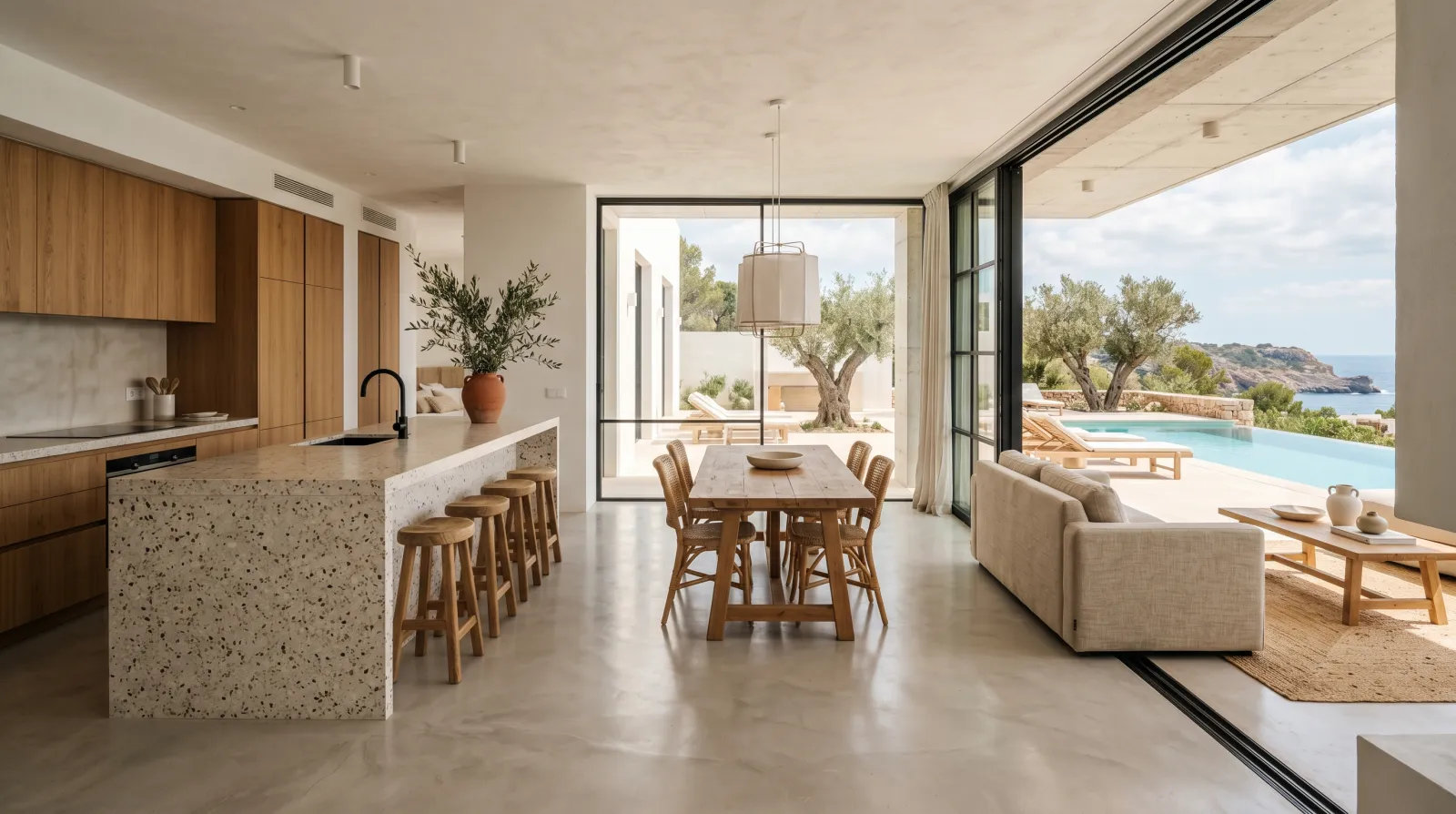 Salón-comedor-cocina abierto con isla de piedra y cristaleras a la piscina