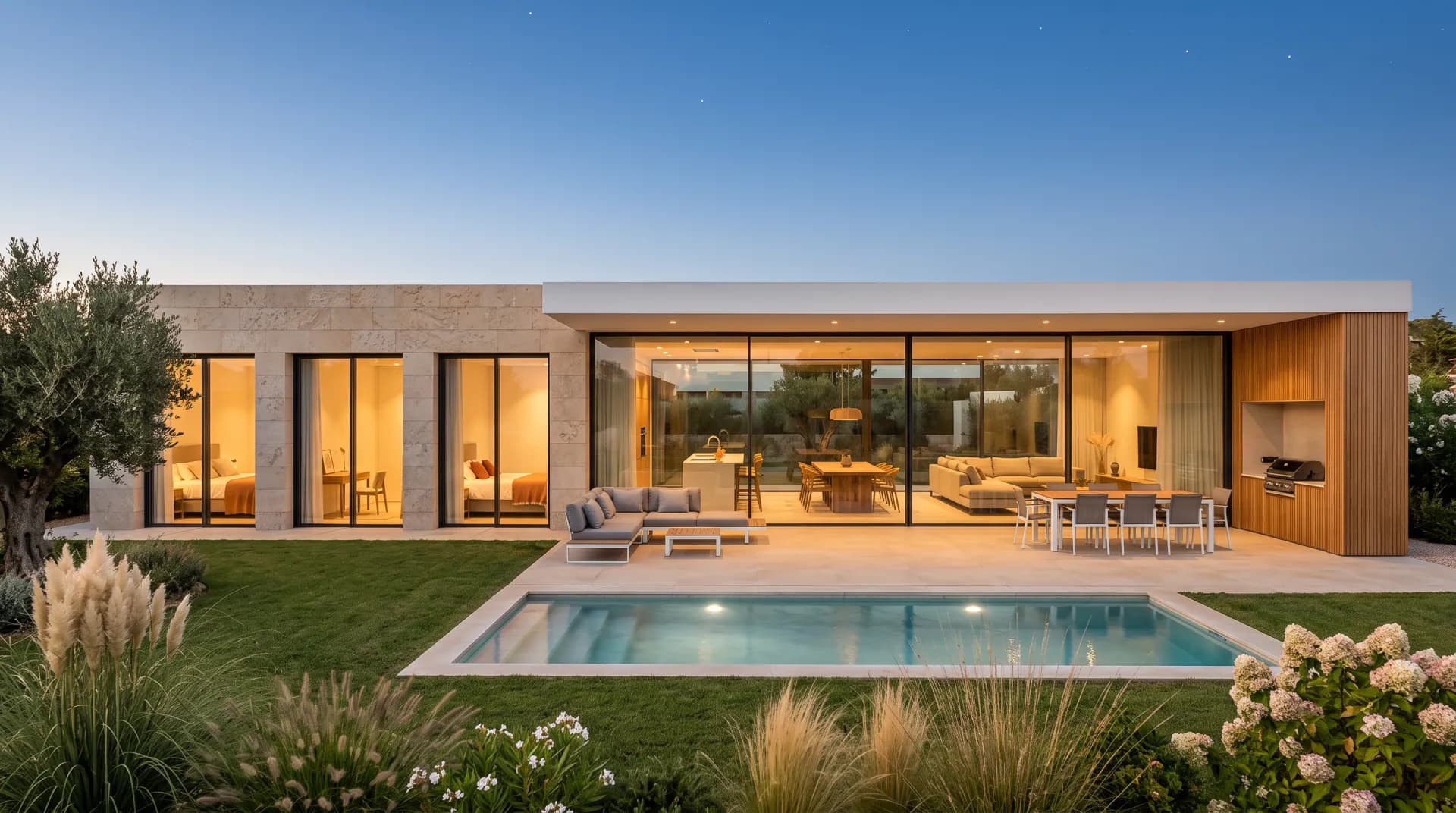 Modelo 02 — fachada al jardín con piscina