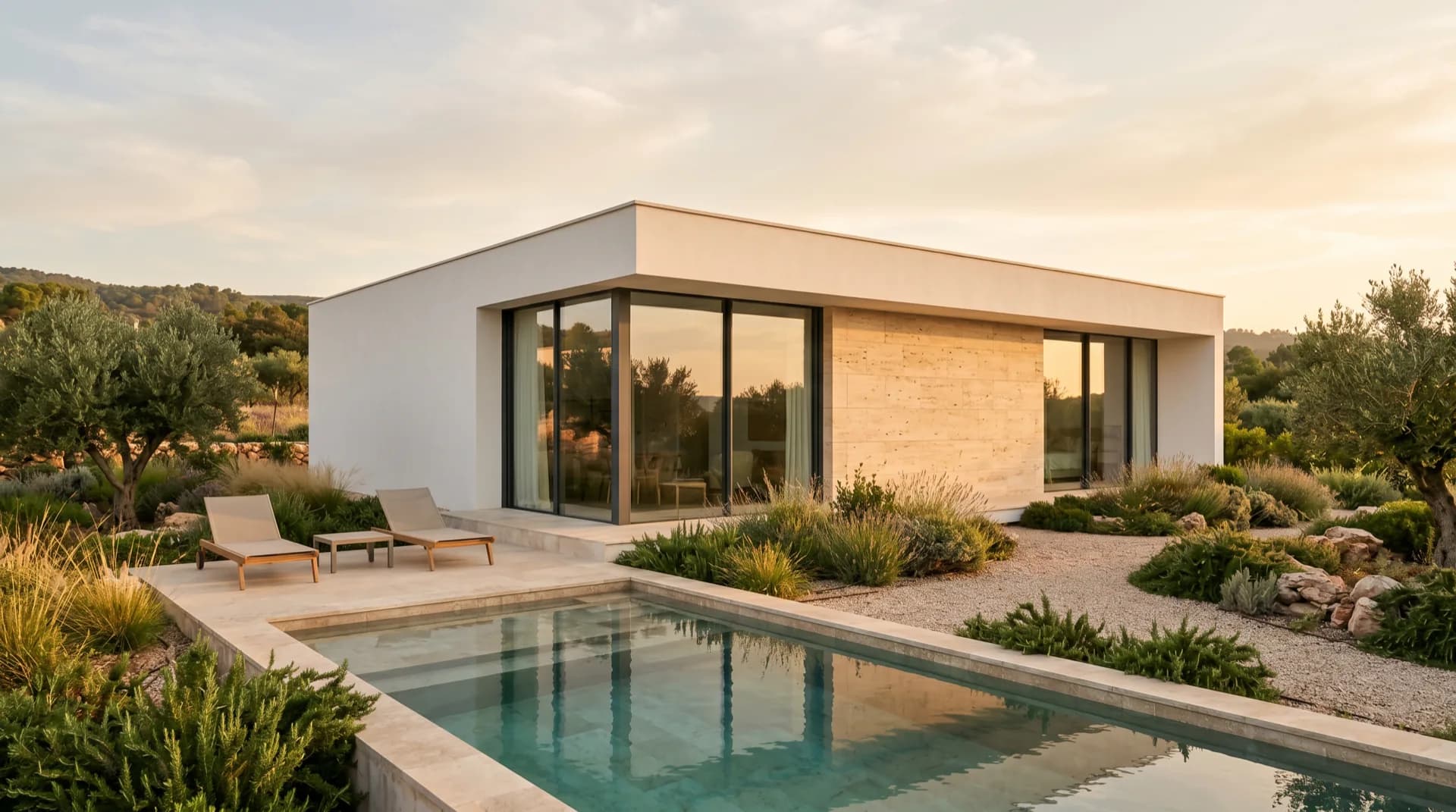 Villa minimalista de una planta con grandes vanos de aluminio y piscina