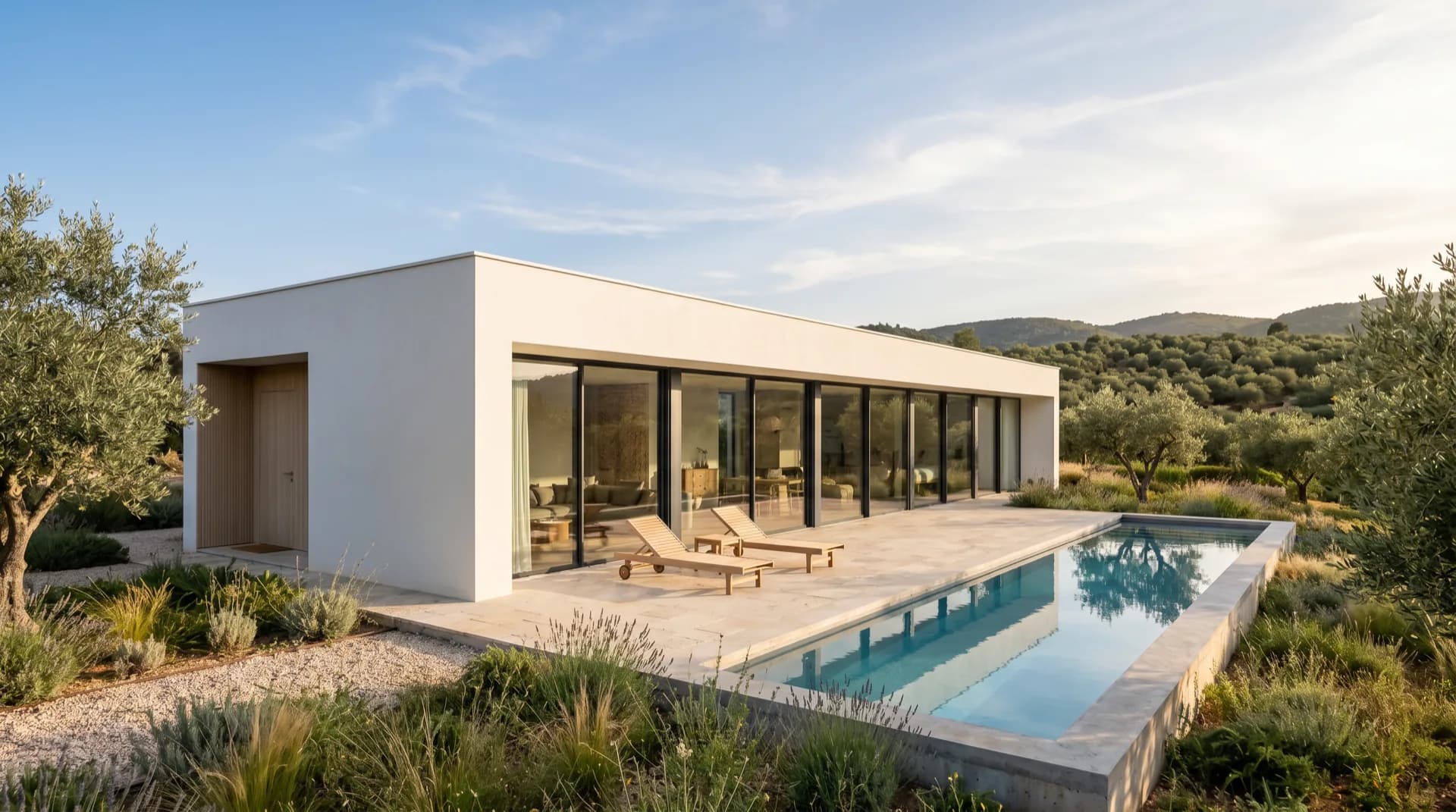 Casa lineal de una planta con grandes ventanales y piscina