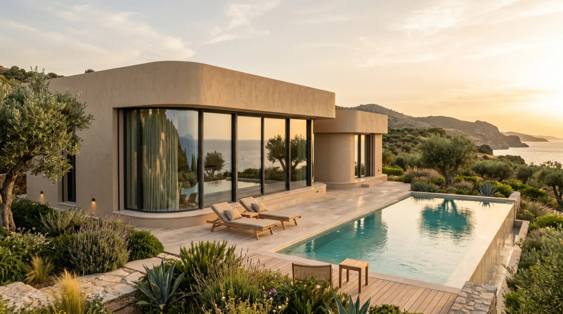 Villa moderna de esquinas suaves, revoco cálido, grandes vanos y piscina
