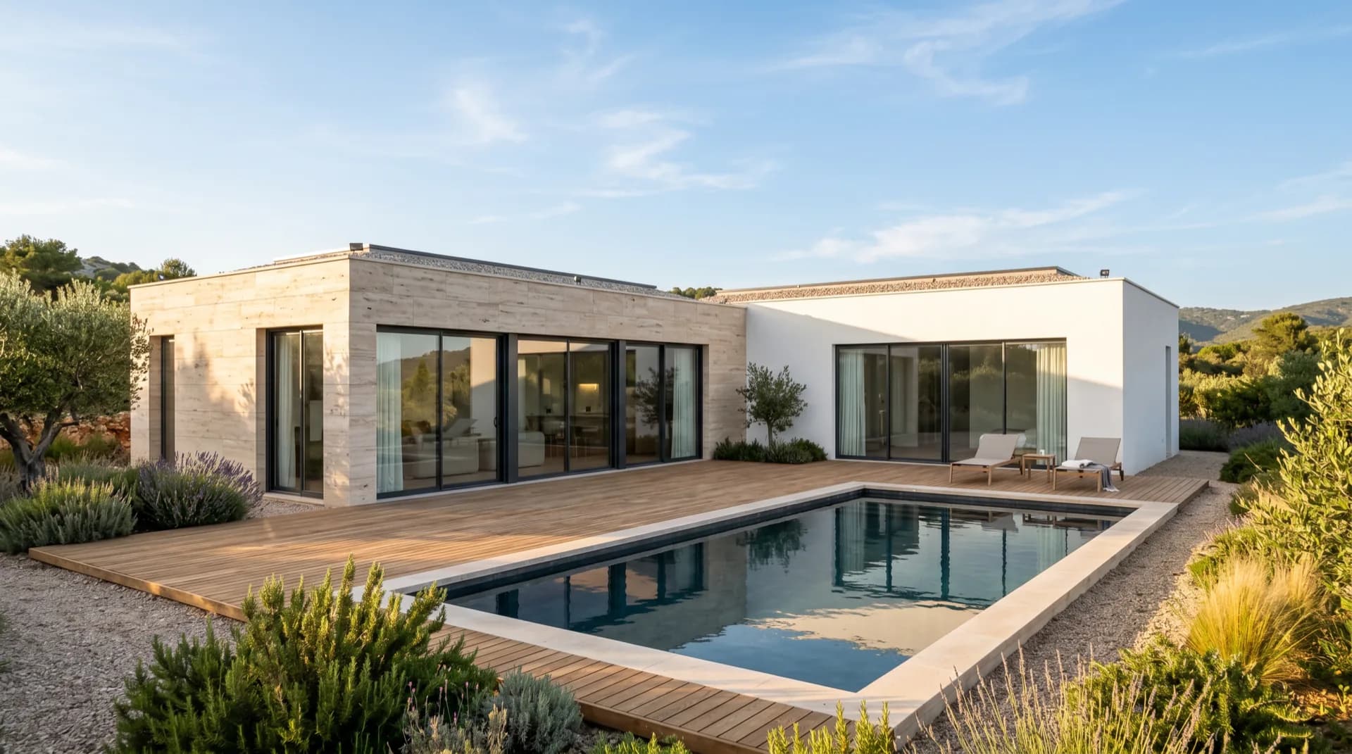 Villa en dos volúmenes con grandes vanos, terraza y piscina