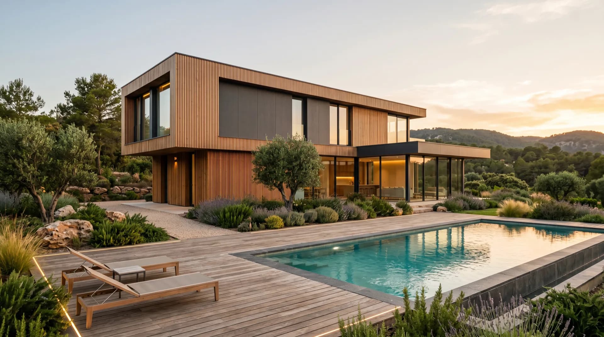 Villa amplia con listones de madera, paneles oscuros y grandes vanos