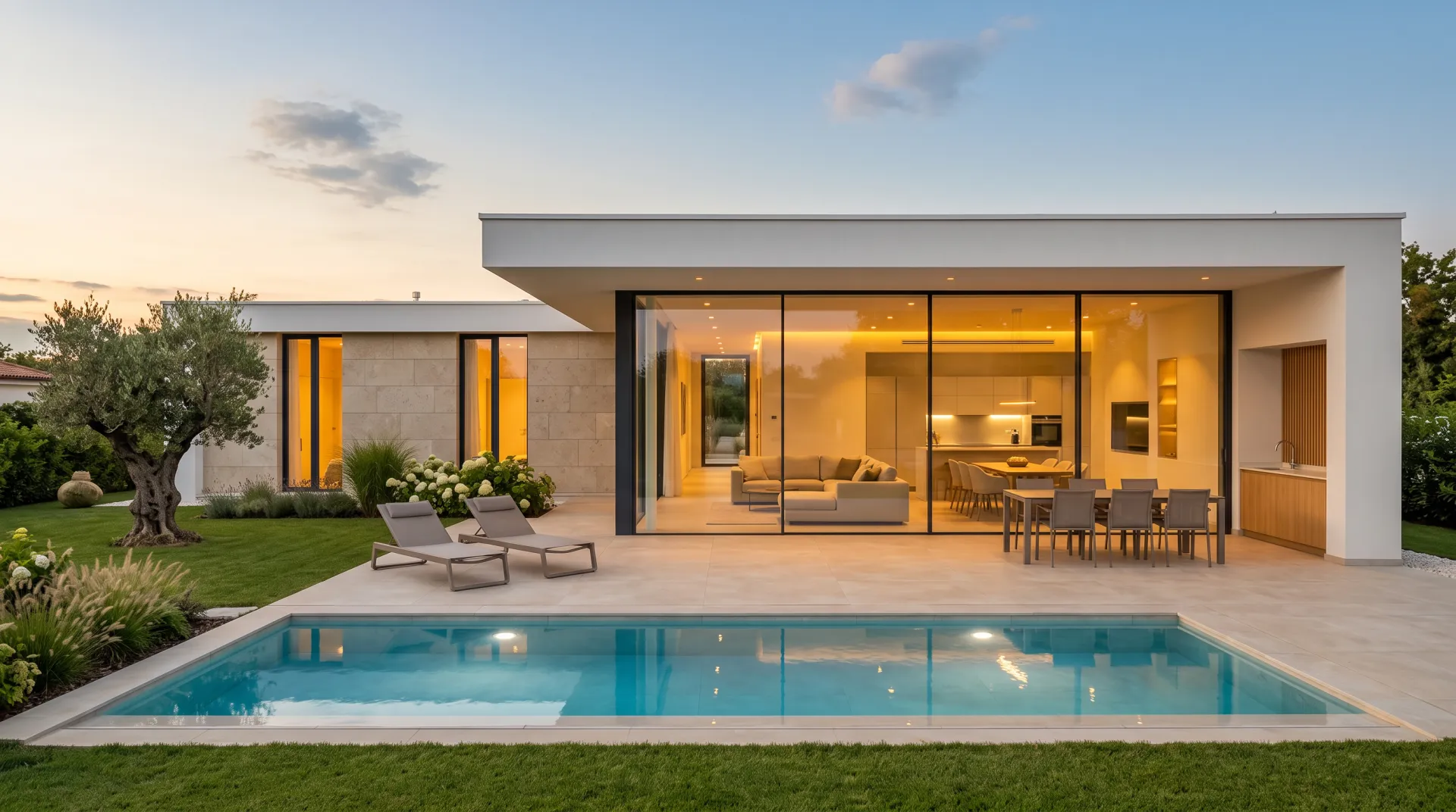 Villa modular de una planta con zona de día acristalada, terraza porcelánica y piscina