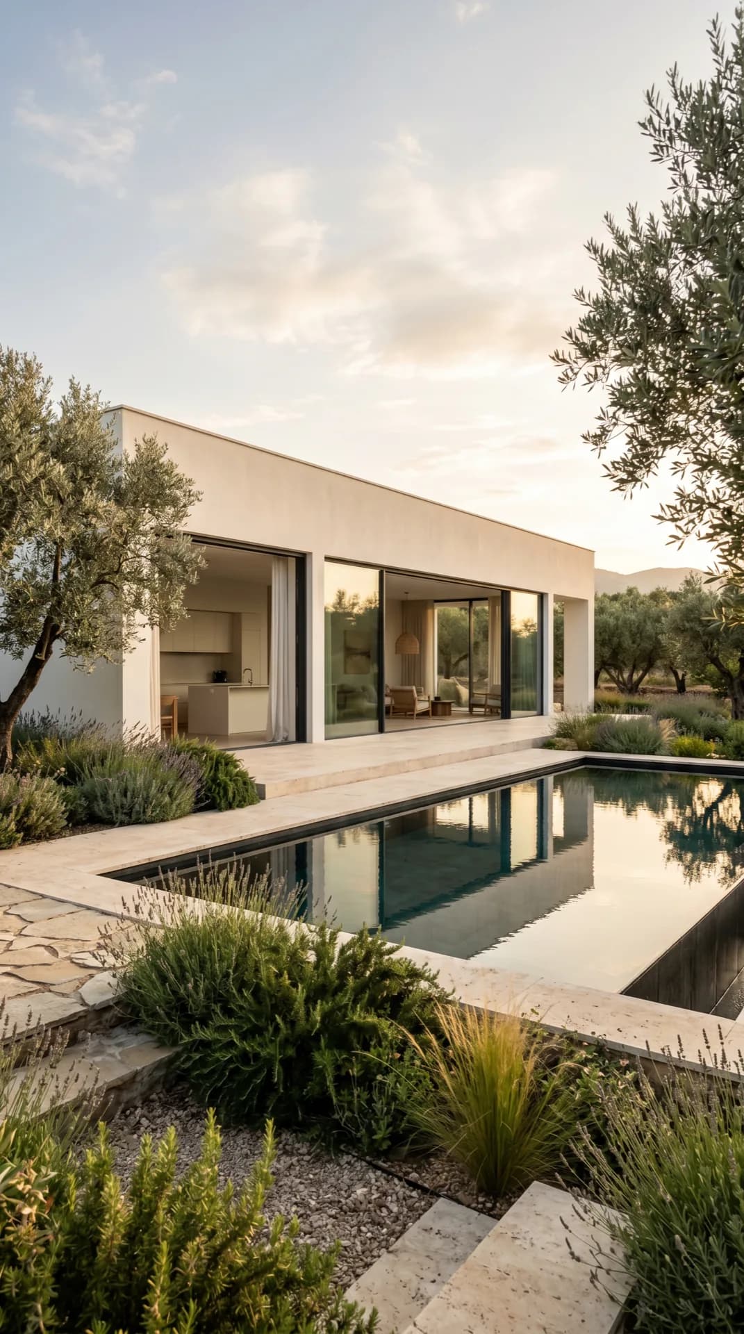 Casa moderna minimalista de una planta con grandes vanos