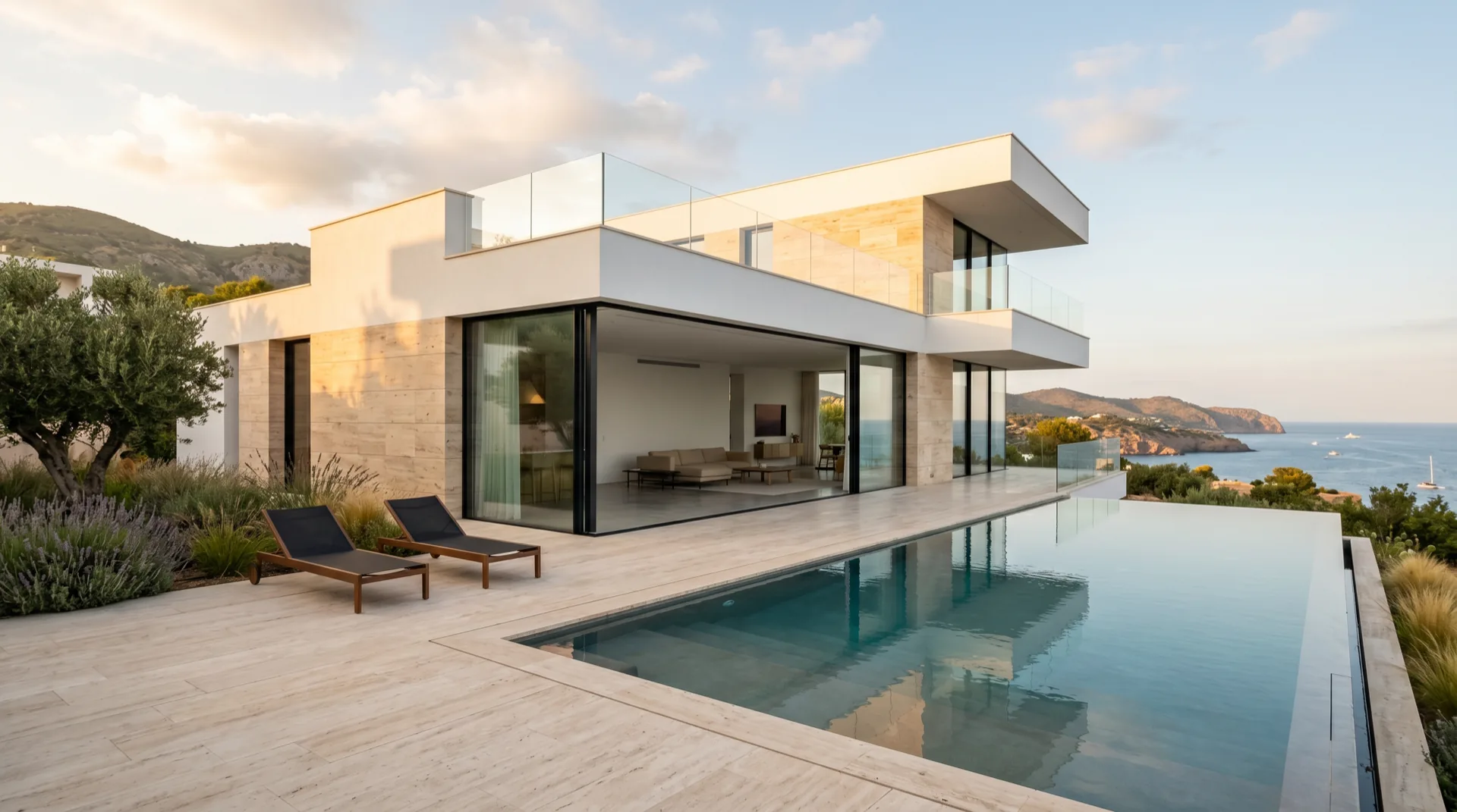 Villa con piscina infinita y grandes ventanales de suelo a techo