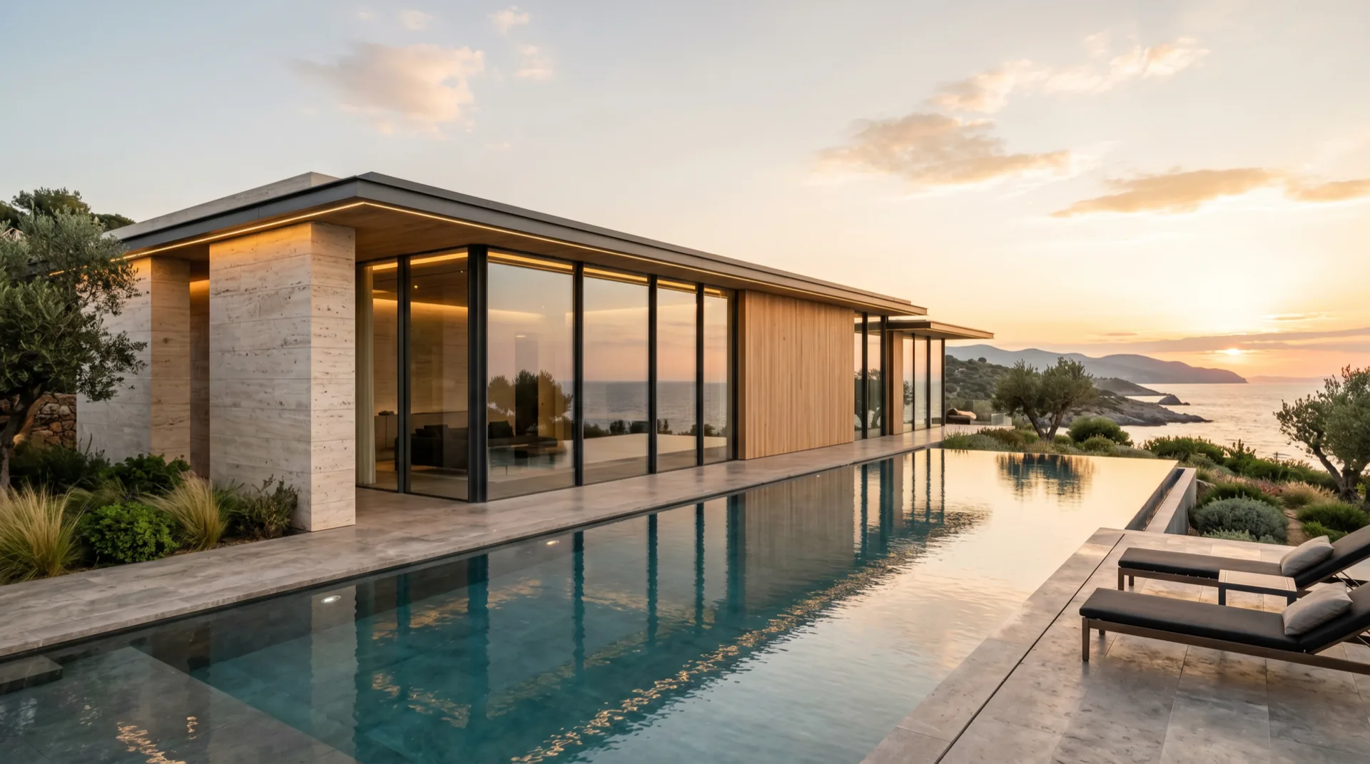 Villa cubista blanca con piscina infinita y materiales nobles