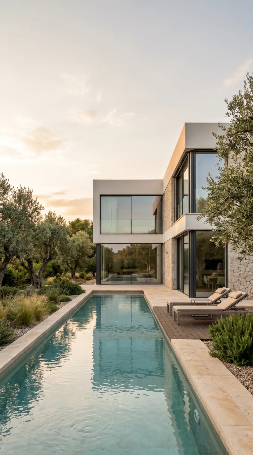 Villa blanca minimalista con piscina y palmeras