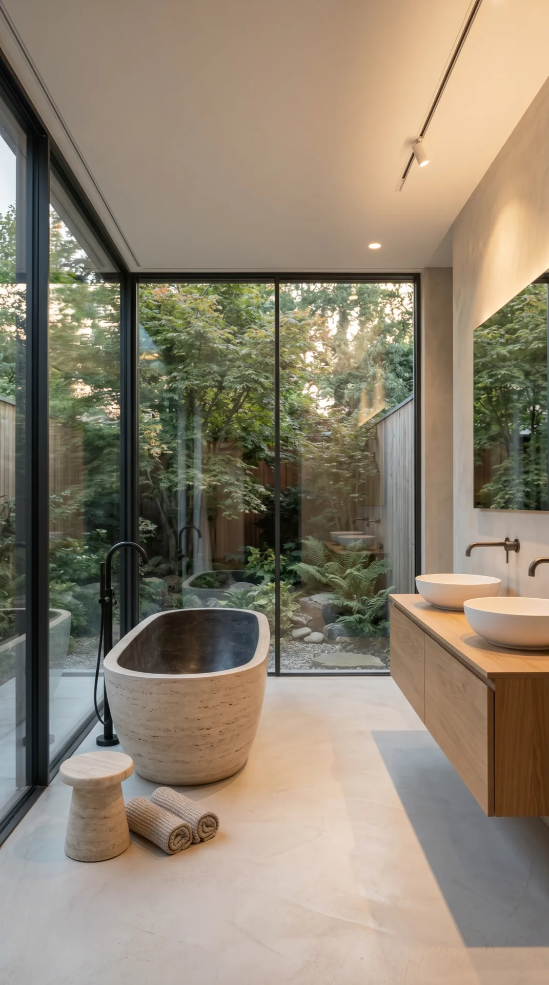 Baño minimalista en microcemento y travertino con bañera exenta