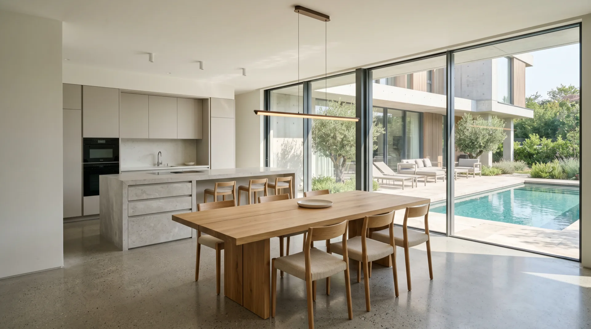Comedor abierto a cocina con isla de piedra, madera de roble y grandes vanos a la terraza