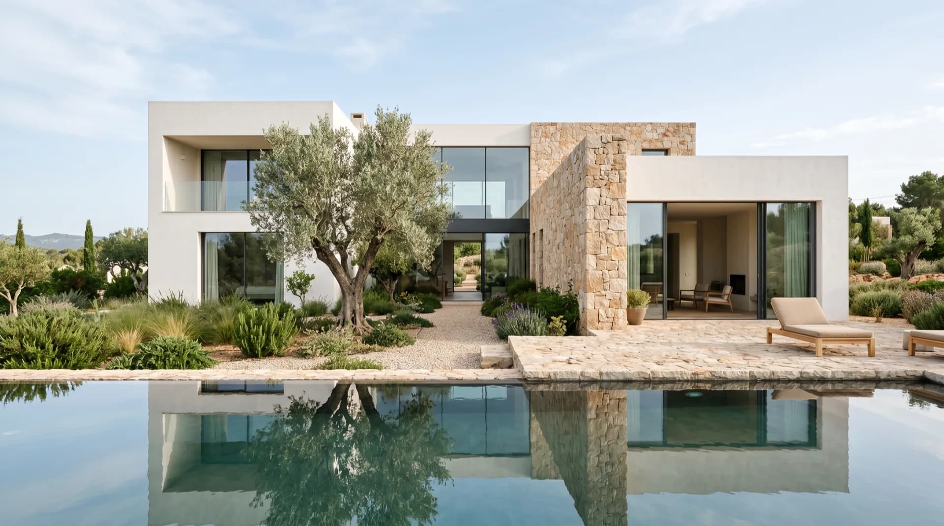 Villa minimalista con grandes vanos de aluminio y piscina al atardecer