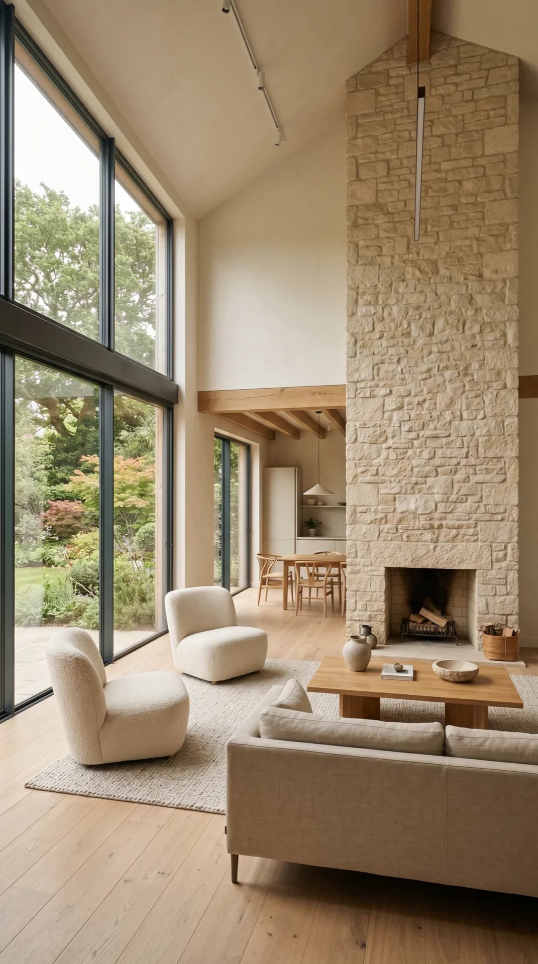 Interior de doble altura con chimenea de piedra, roble y luz natural