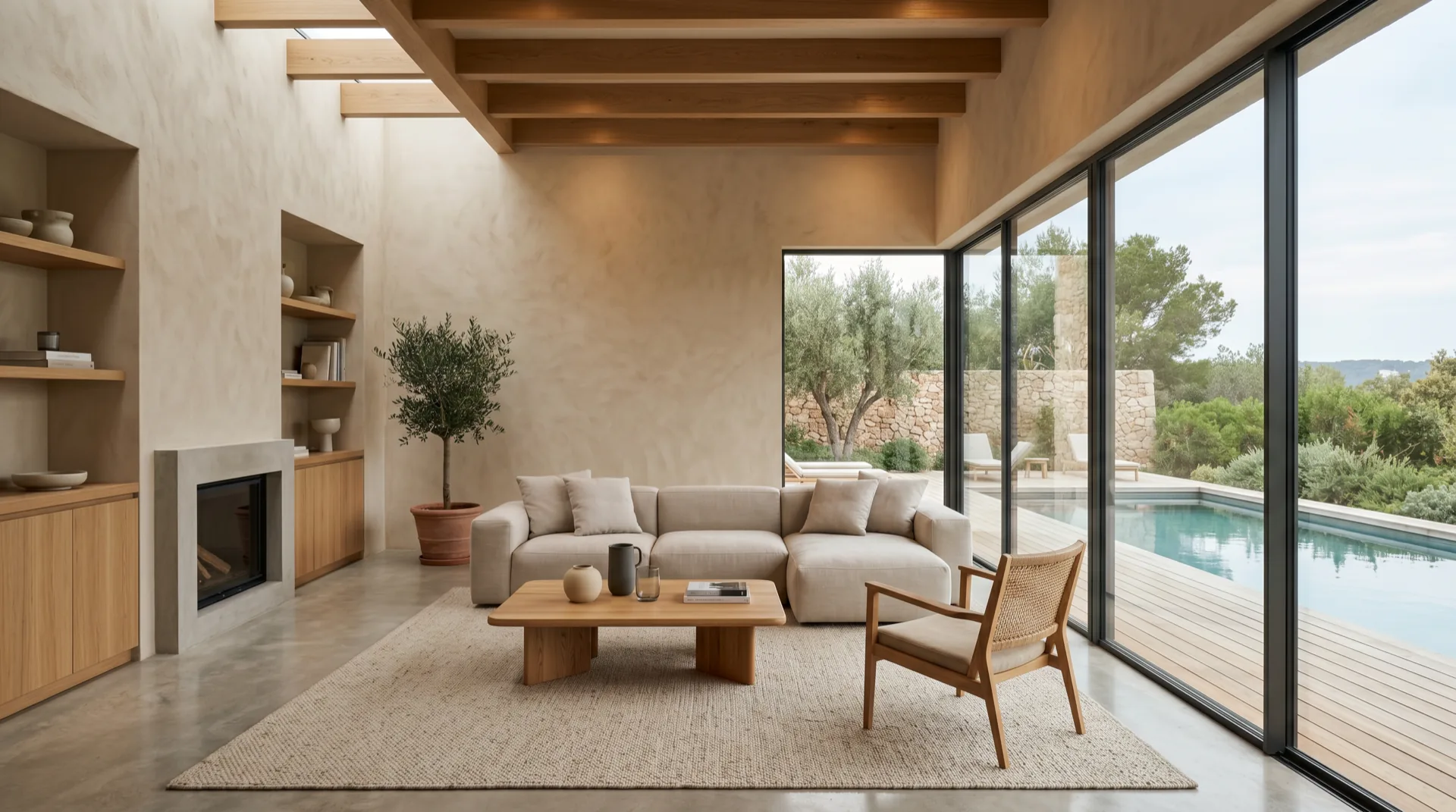 Salón cálido minimalista con chimenea, roble y vistas a la piscina