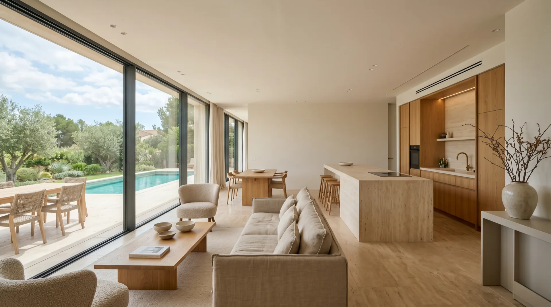 Salón abierto a cocina con isla central y vano corredero a la terraza