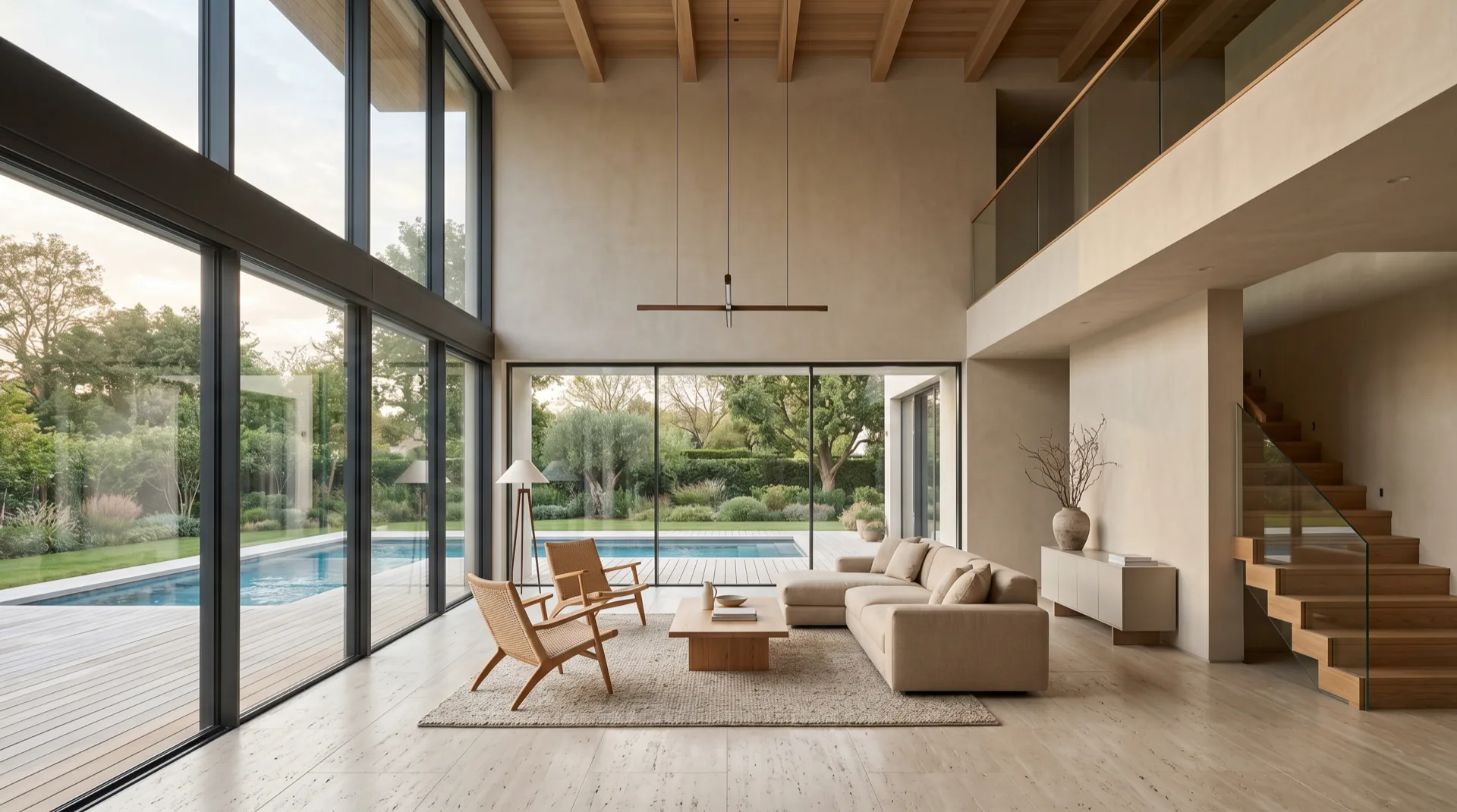 Salón de doble altura con madera, piedra y grandes vanos a la piscina