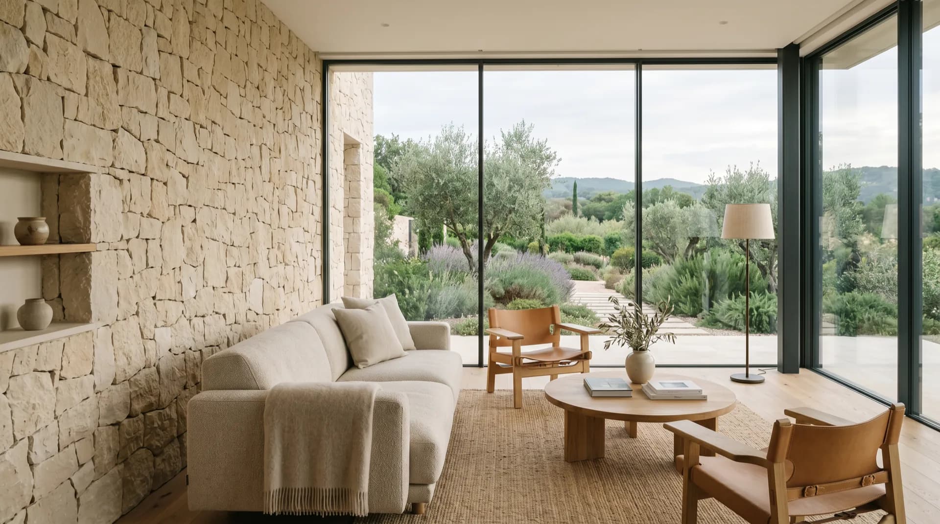Estar con pared de piedra natural y vano de suelo a techo al jardín