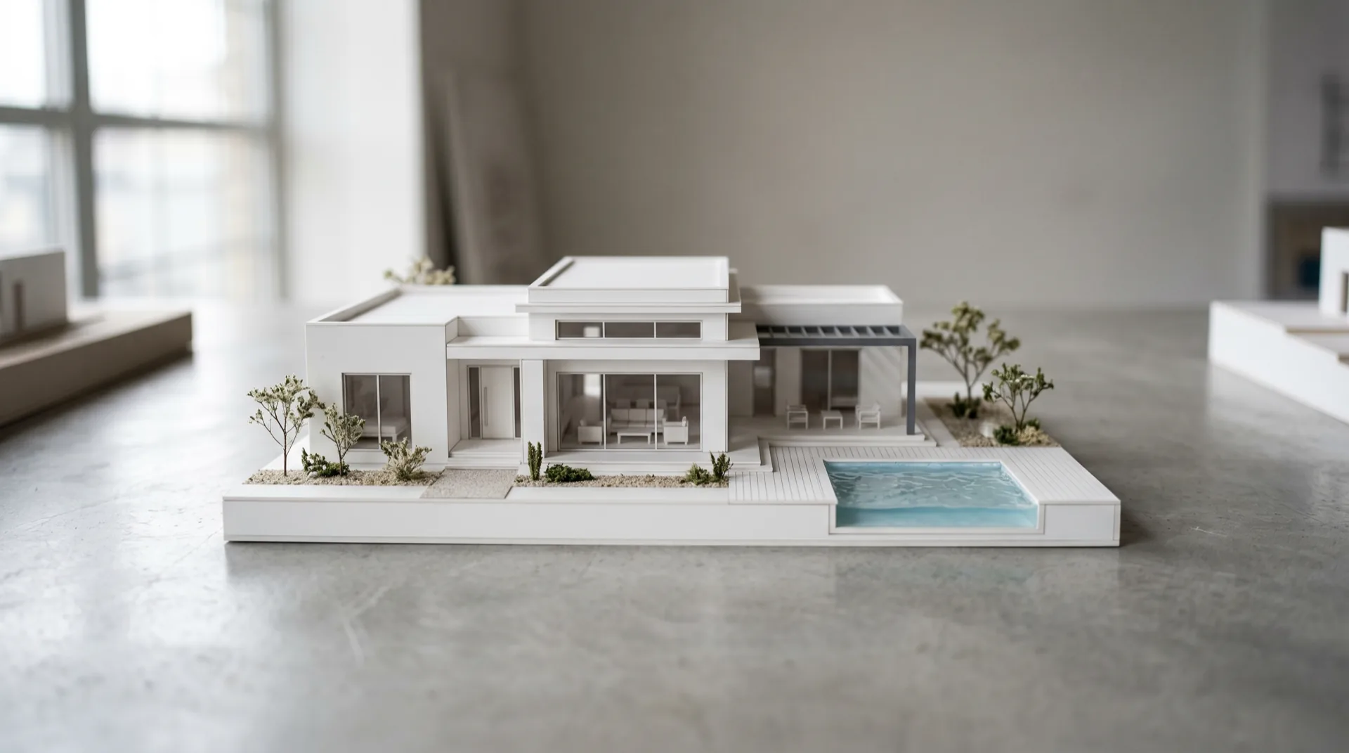 Volumetría de villa cubista blanca con piscina