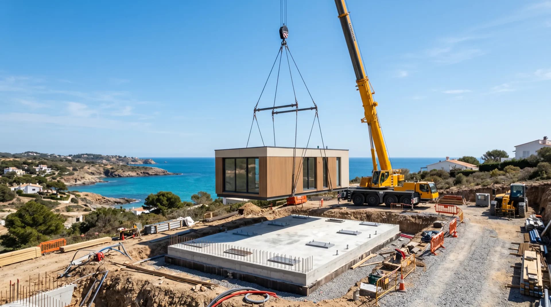 Villa en fase final de montaje sobre cimentación