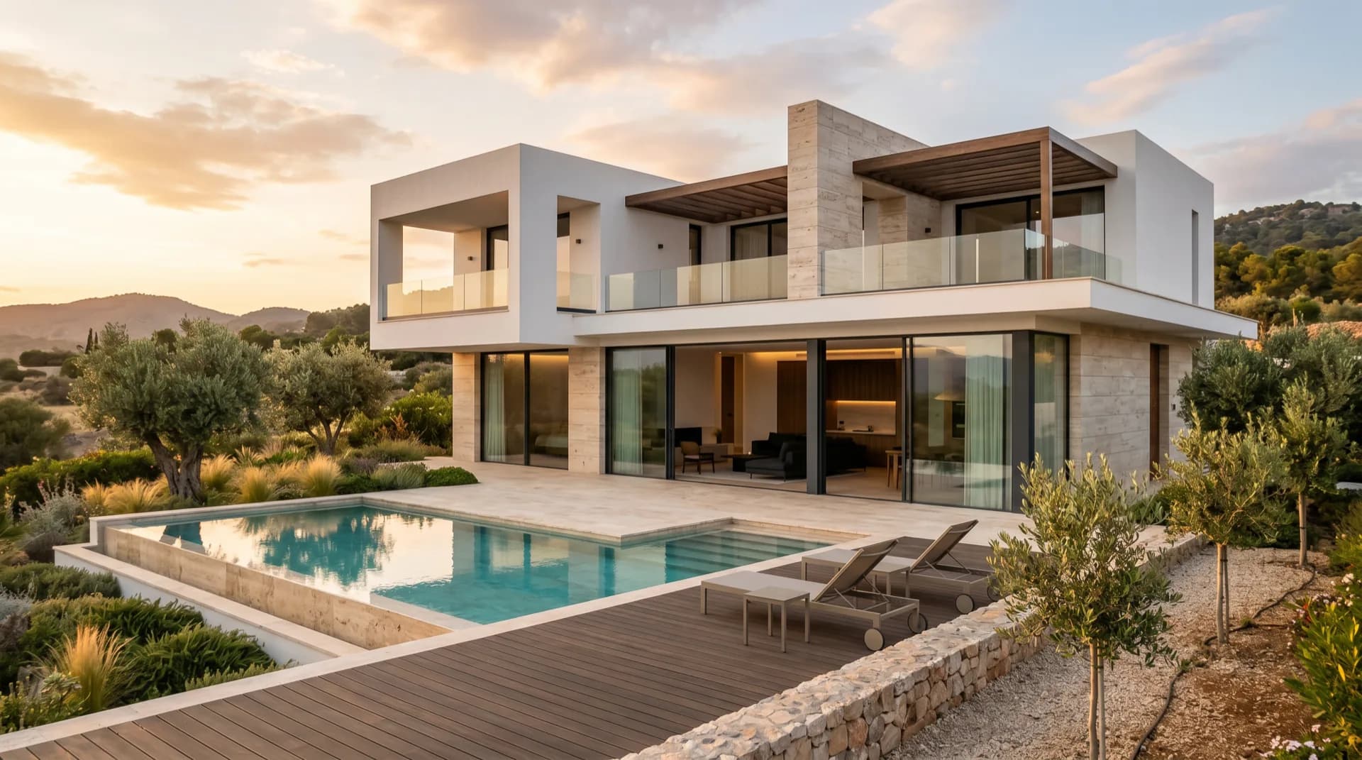 Villa blanca terminada con piscina, lista para entrega